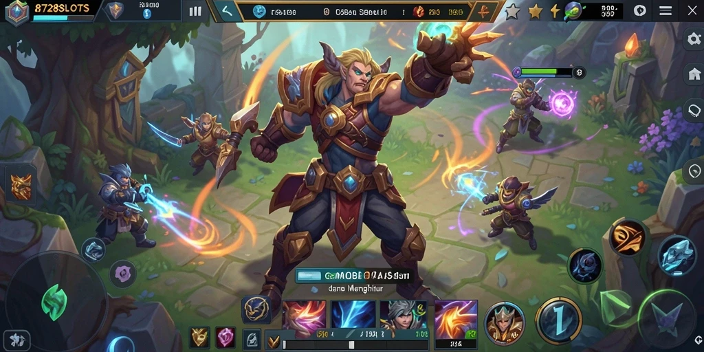 Screenshot utama menunjukkan aksi seru dalam permainan MOBA 8728SLOTS.