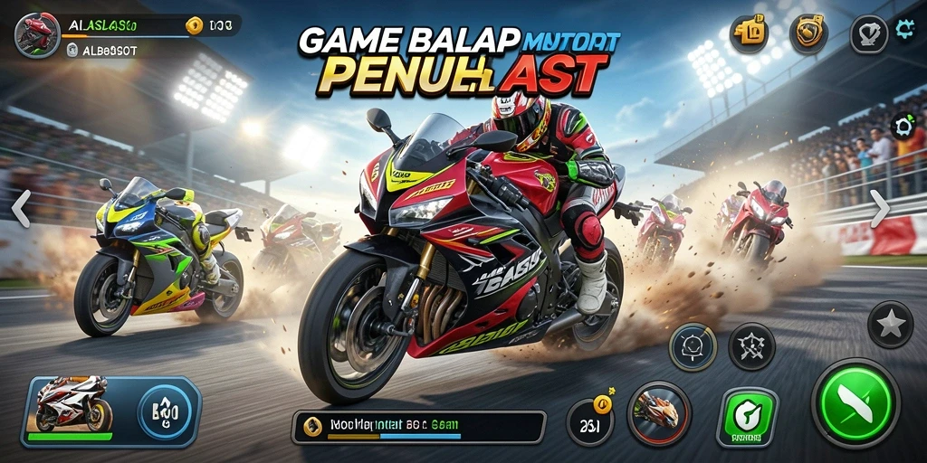 Tampilan seru gameplay ALBASLOT saat balapan motor.