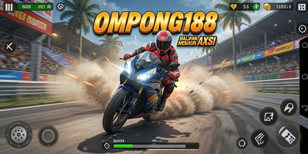 Screenshot OMPONG188 menampilkan balapan motor yang mendebarkan di malam hari.