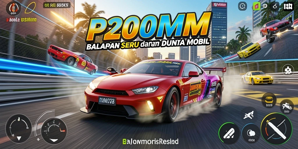 Tampilan gameplay P200M dengan mobil balap melaju kencang di trek penuh tantangan.
